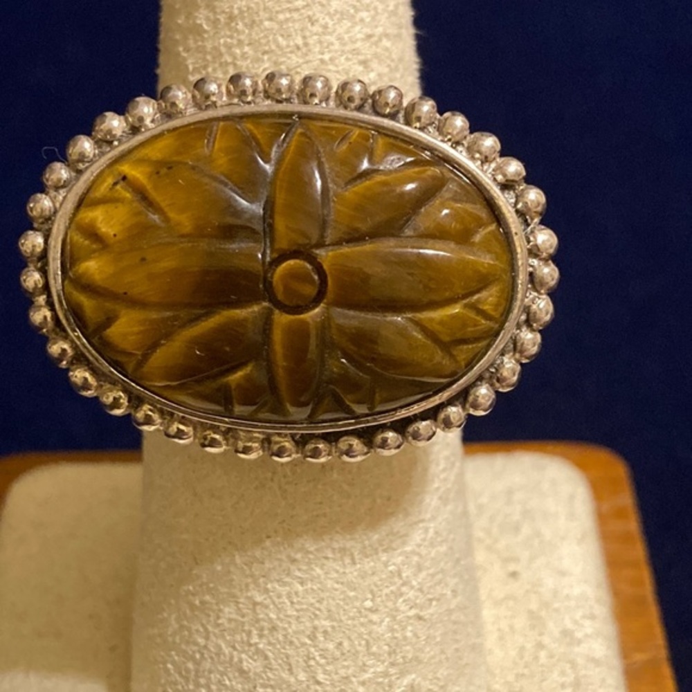 Carved Tigers Eye  925 Sterling Silver  Ring